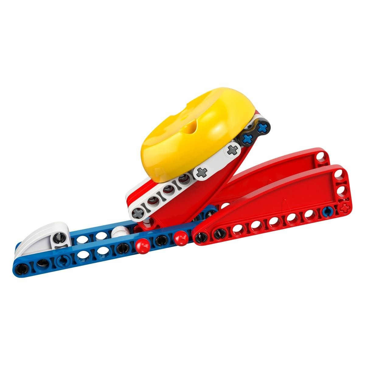 Modelo de peça de construção estilo Lego vermelho, azul, branco e amarelo