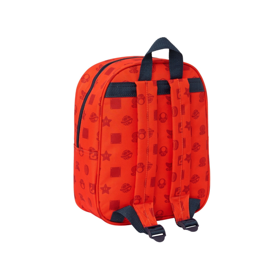 Mochila infantil vermelha com alças e padrão de símbolos