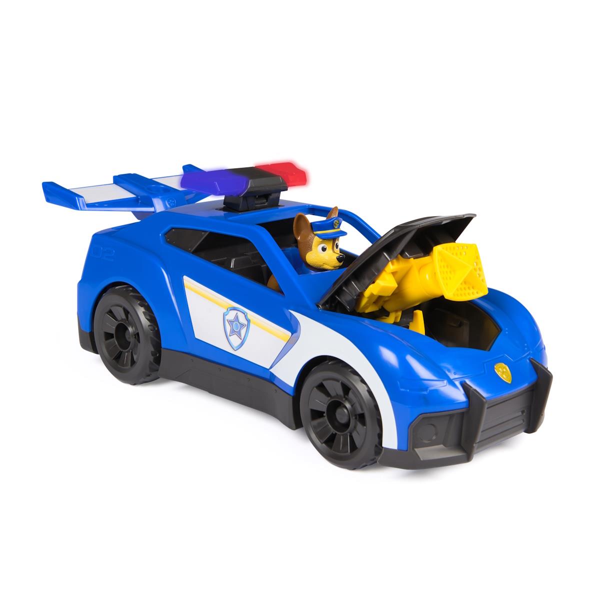 Brinquedo carro polícia azul com figura canina e capô aberto mostrando motor amarelo