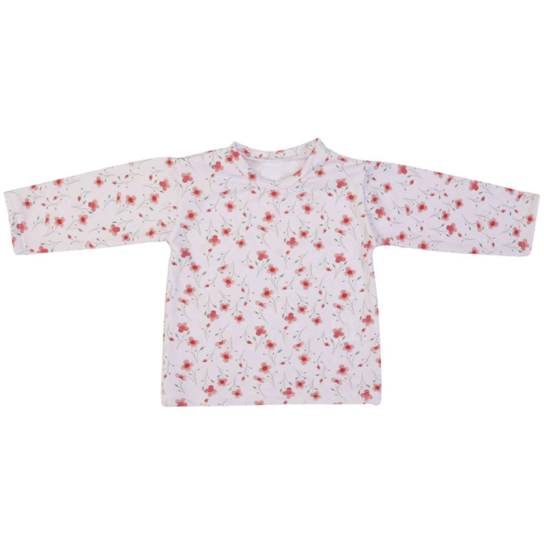 Camisola infantil branca com padrão floral vermelho