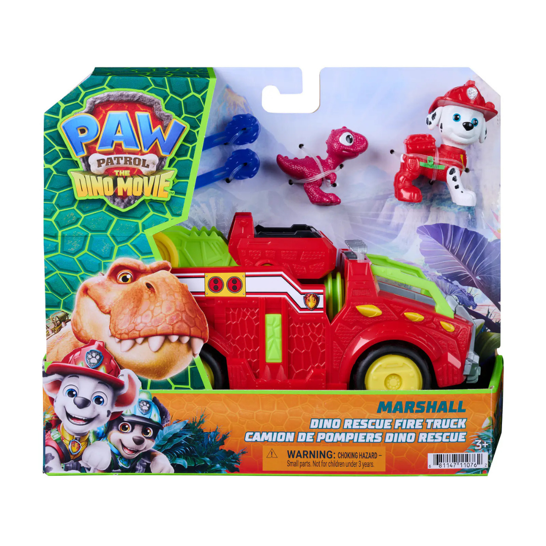 Brinquedo carro de bombeiros e figuras da Paw Patrol Dino Movie na embalagem