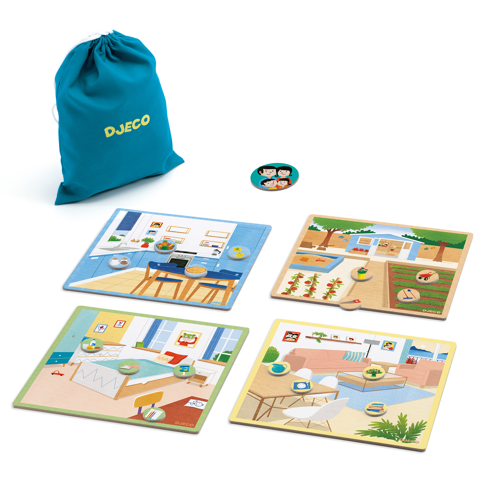 Jogo educativo com painéis ilustrados e saco azul DJECO