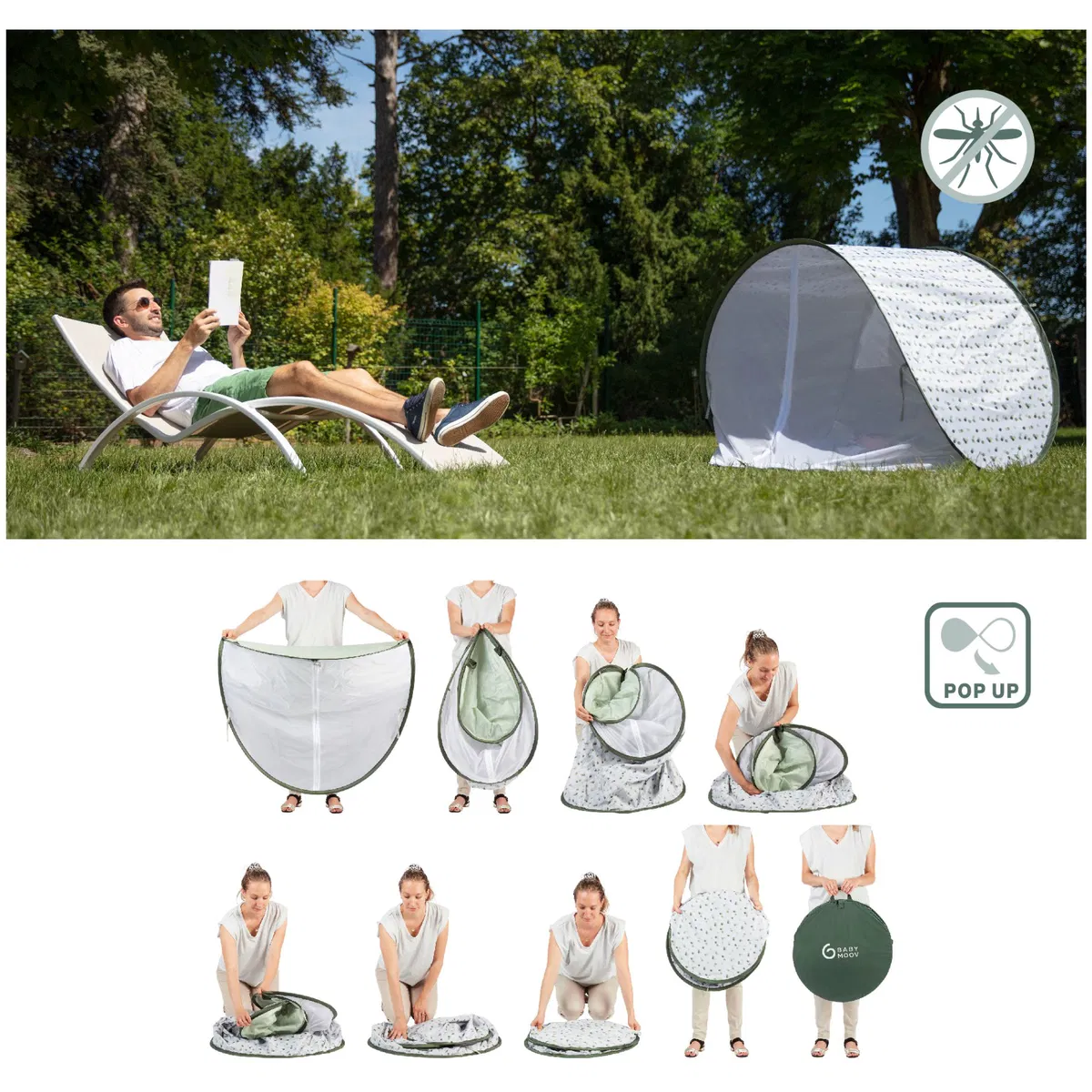 Tenda pop-up branca com padrão de mosquitos em relvado e passos de dobragem
