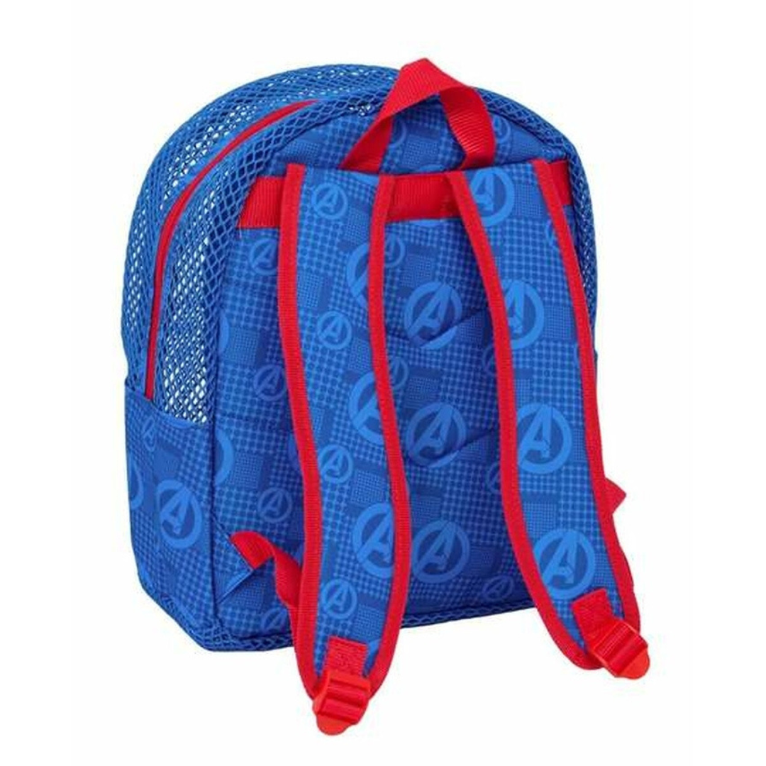 Mochila azul com padrão Avengers, alças vermelhas e rede azul