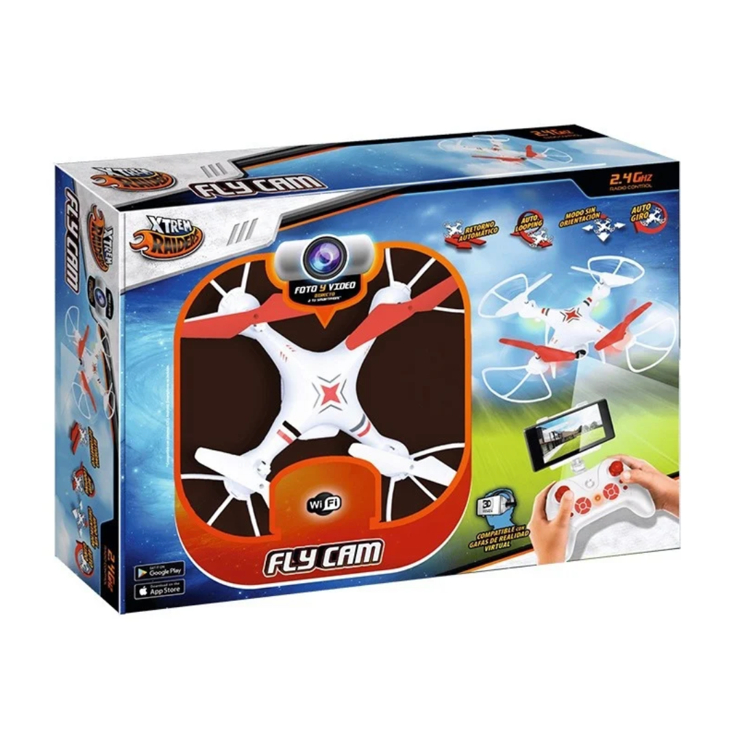 Drone Fly Cam branco e vermelho com controle remoto e caixa colorida