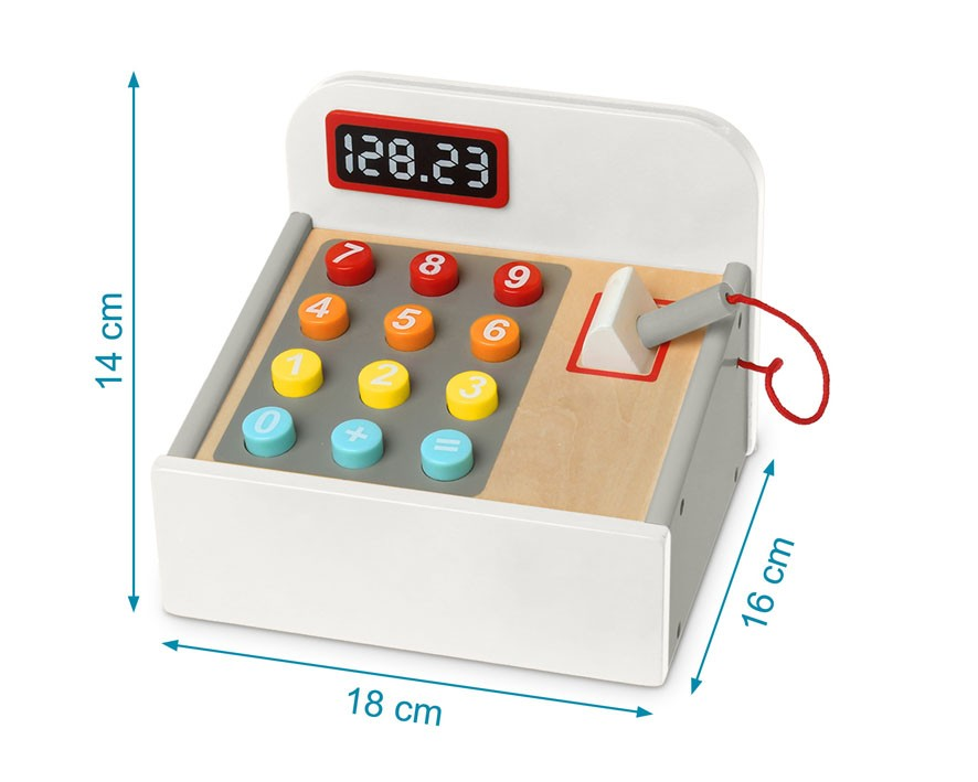 caixa registadora de brinquedo colorida em madeira com visor digital