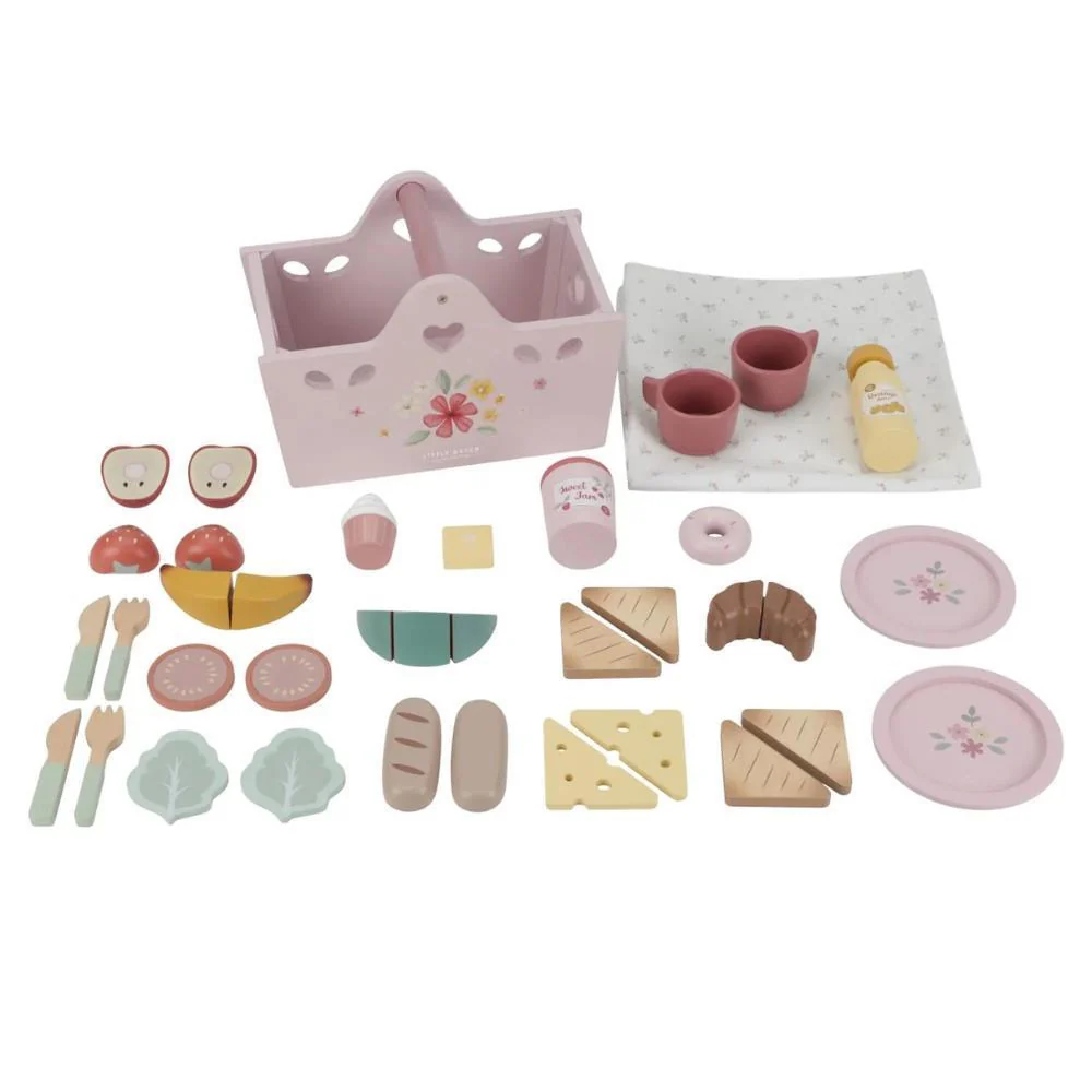 Conjunto de brinquedo para piquenique em madeira com caixa rosa e alimentos coloridos