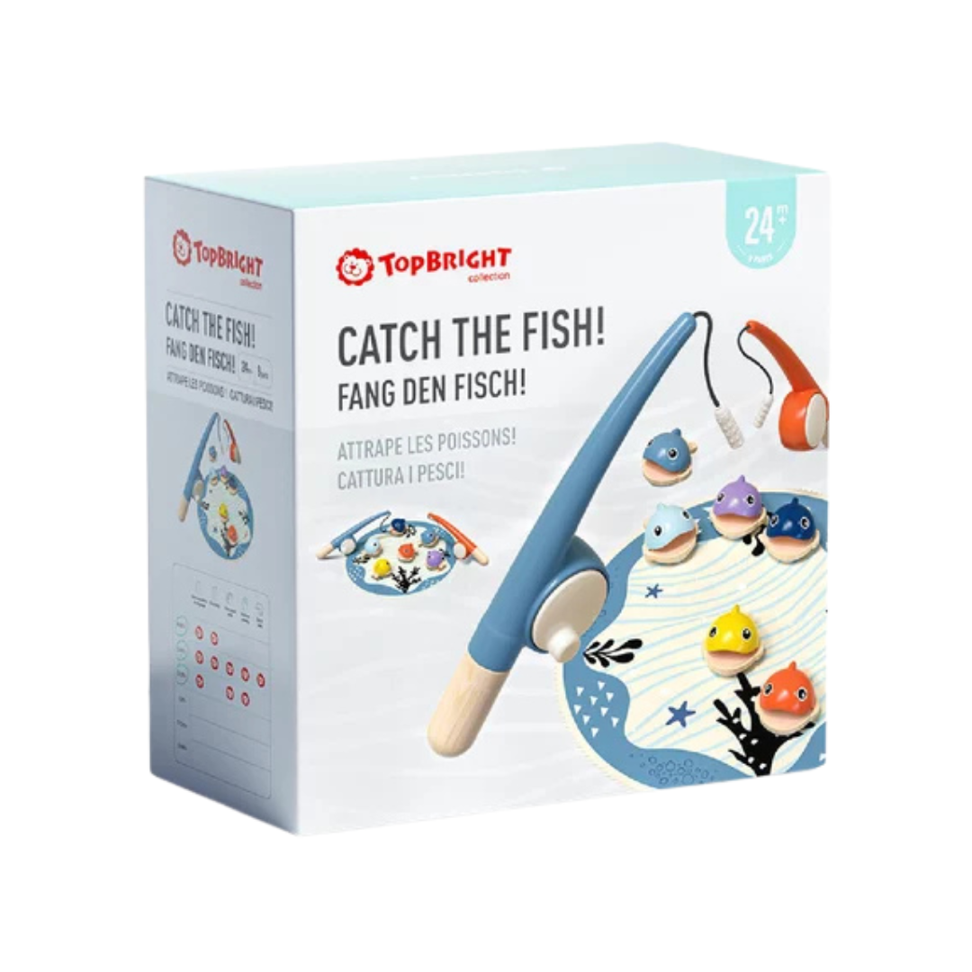 Embalagem do brinquedo de pescar TopBright com vara azul e peixinhos coloridos