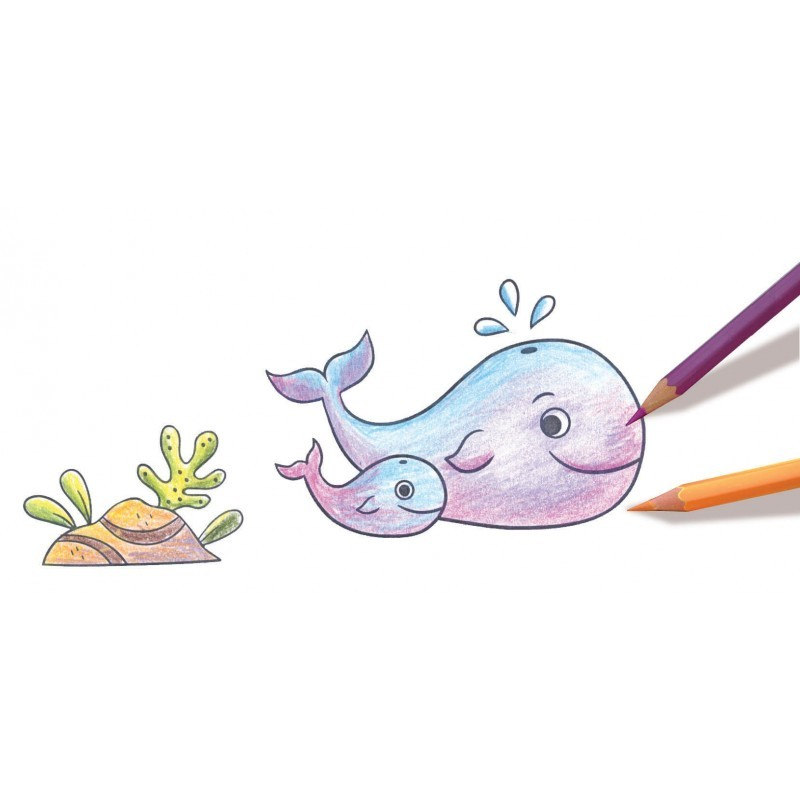 Desenho colorido de duas baleias azuis feitas com lápis de cor ao lado de uma rocha com algas