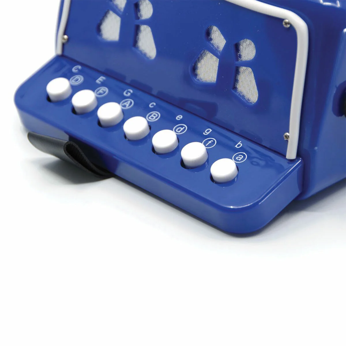 Instrumento musical azul com botões brancos rotulados com notas musicais