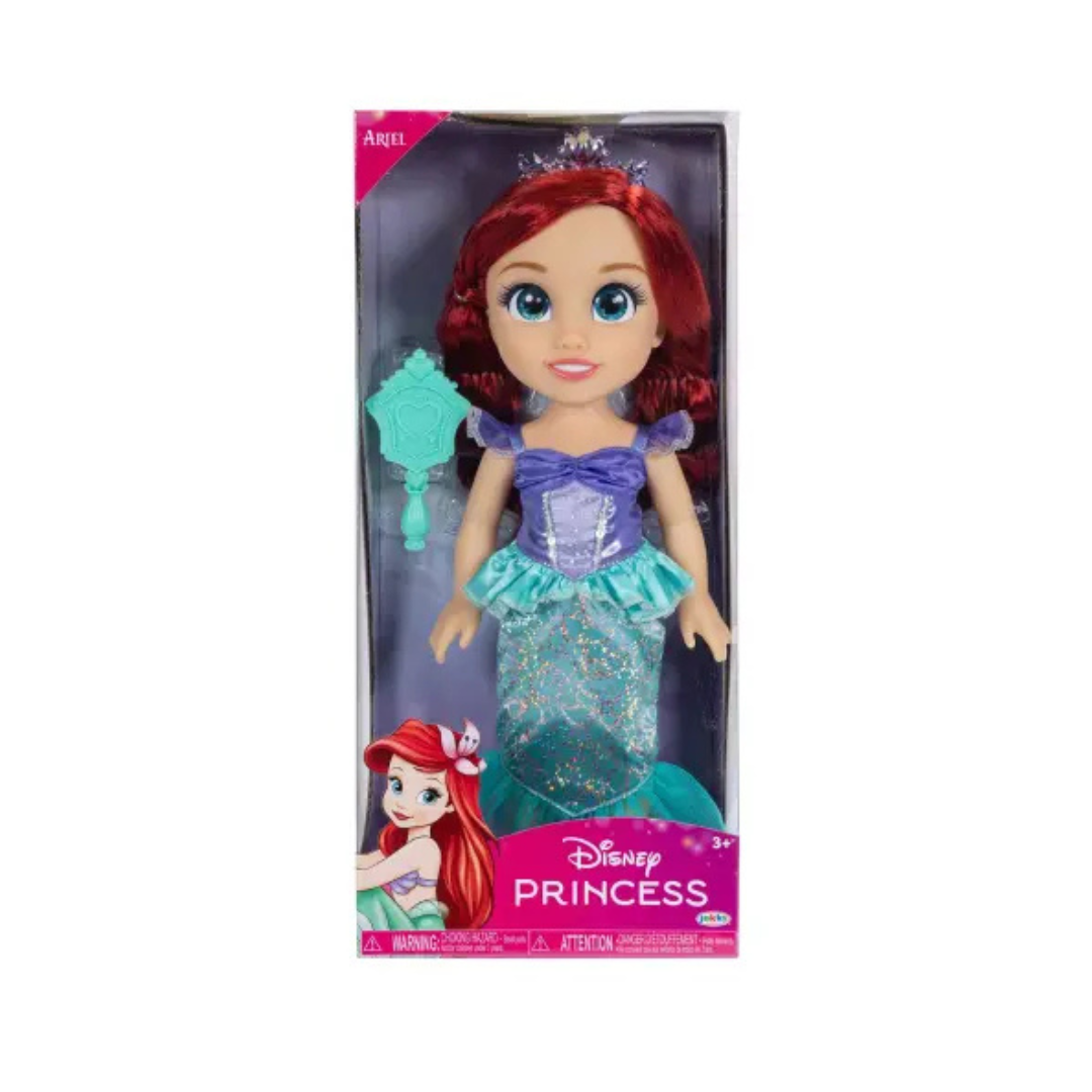 Boneca Ariel Disney Princess com vestido azul e pente verde em embalagem caixa de vidro
