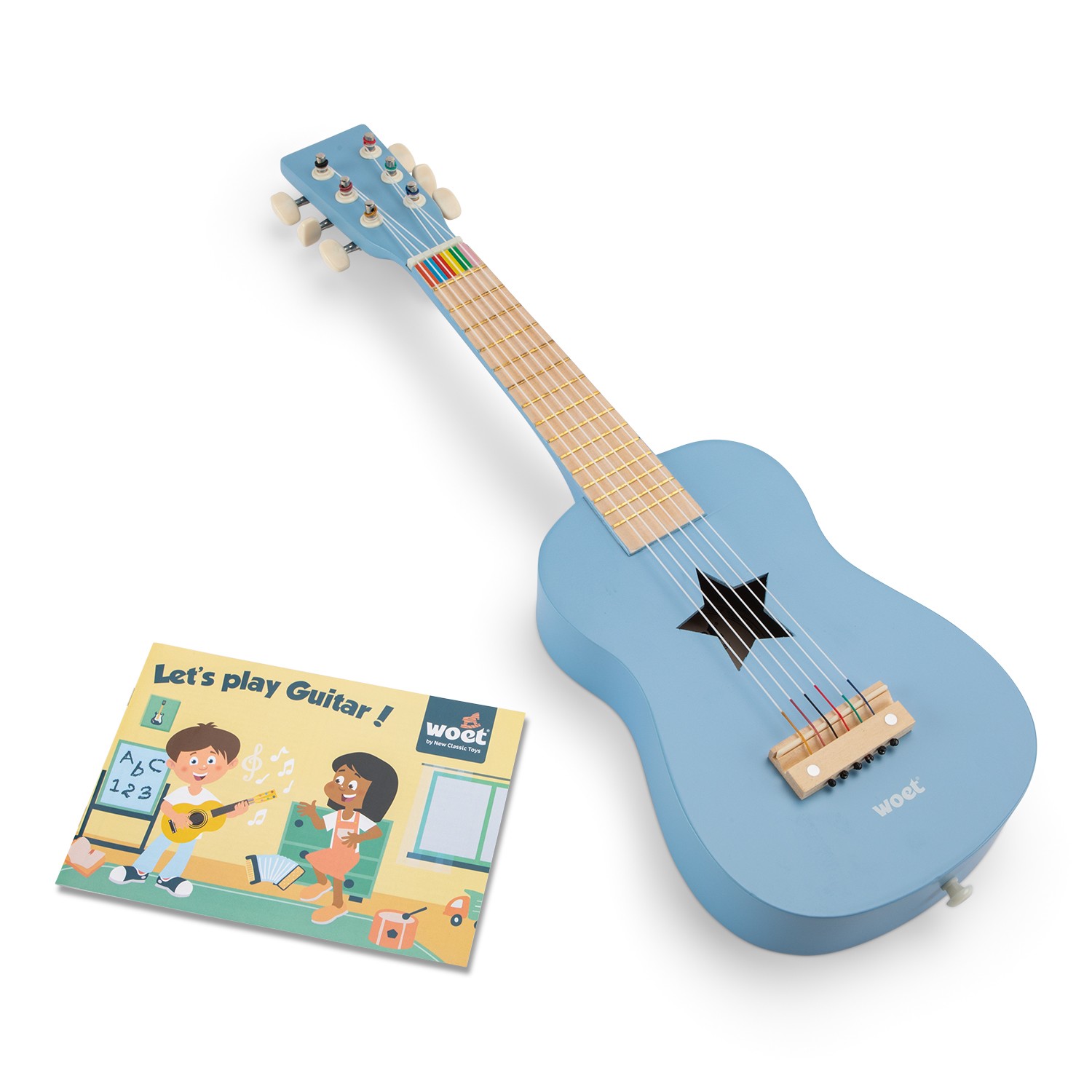 Guitarra azul infantil de madeira com sete cordas coloridas e folheto promocional.