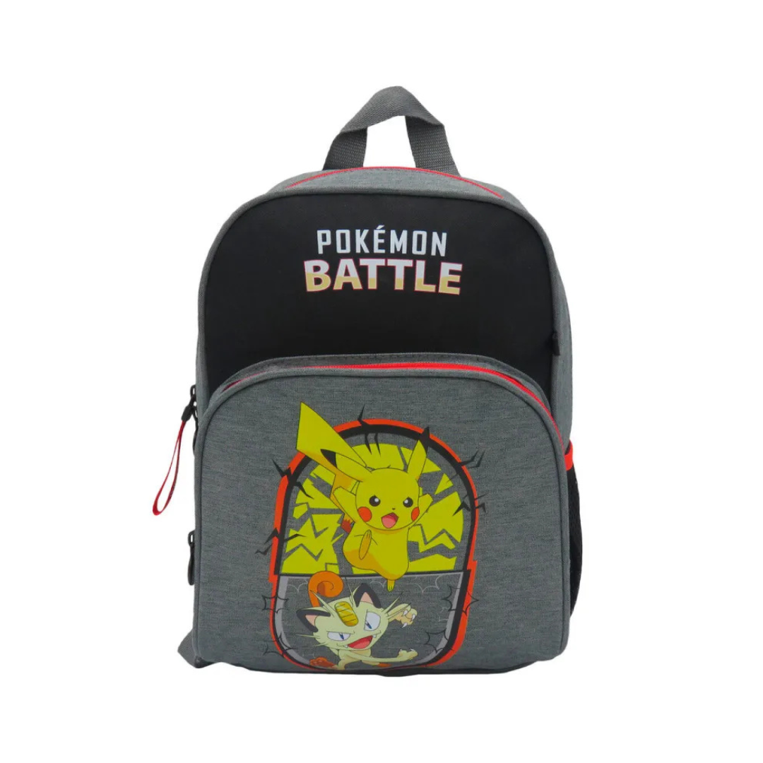 Mochila Pokémon cinzenta e preta com Pikachu e Meowth e texto Pokémon Battle