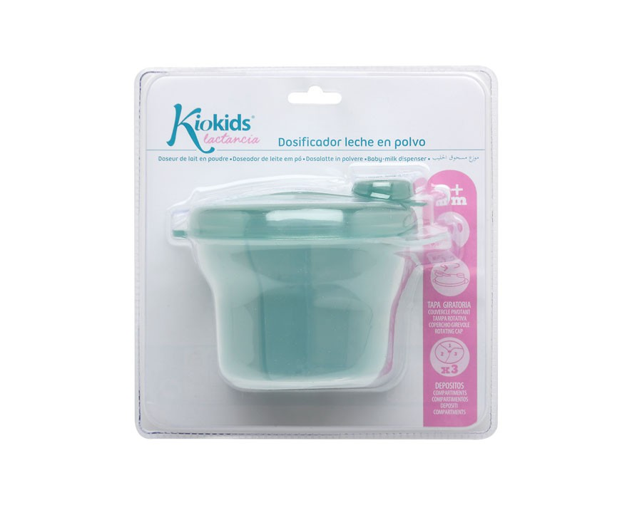 Dosificador de leite em pó Kiokids Lactancia em embalagem transparente e rosa