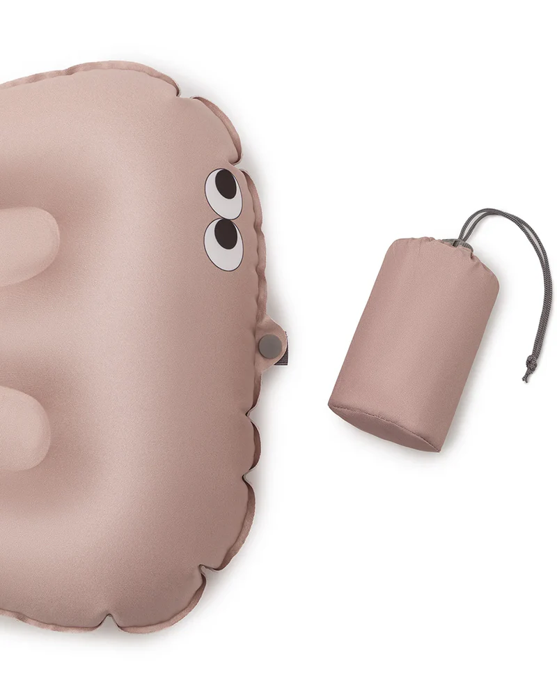 Travesseiro insuflável rosa com olhos e bolsa de transporte