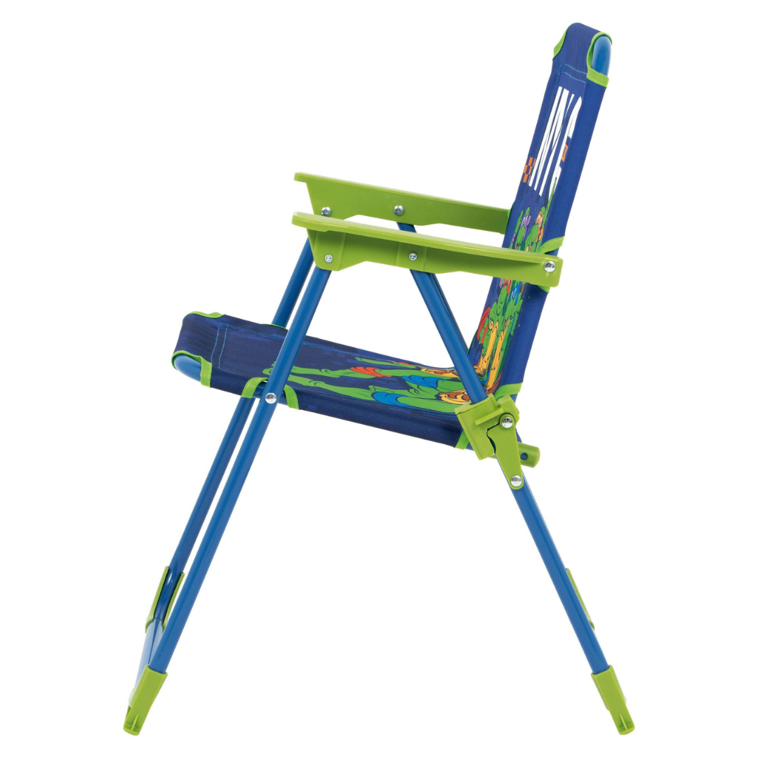 Cadeira infantil dobrável azul e verde com estampado colorido e texto TEEN