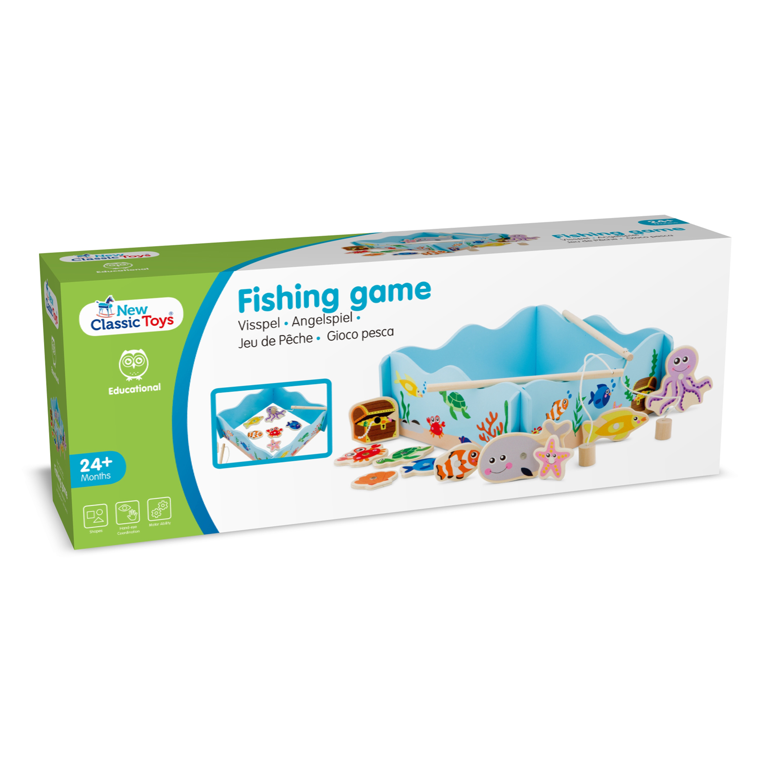 Jogo de pesca infantil com peixes e tabuleiro azul da New Classic Toys