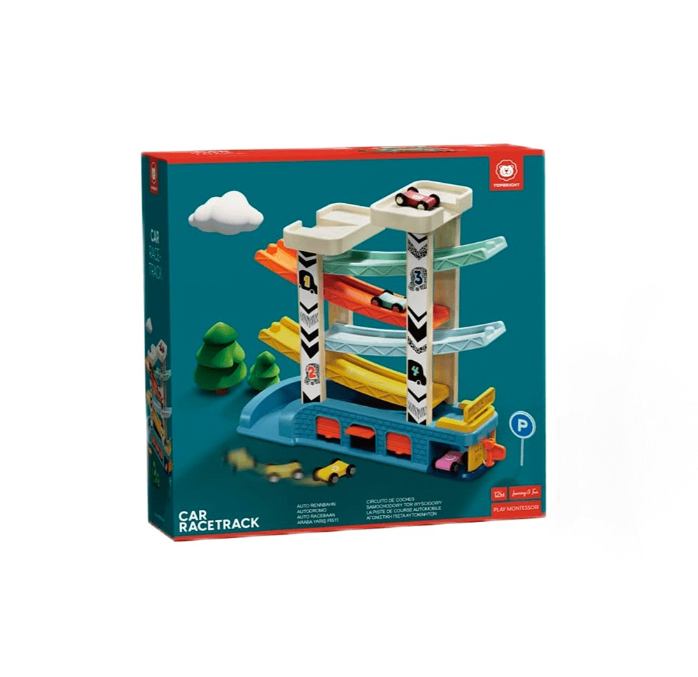 Caixa de pista de corrida para carros de brinquedo colorida com dois carros