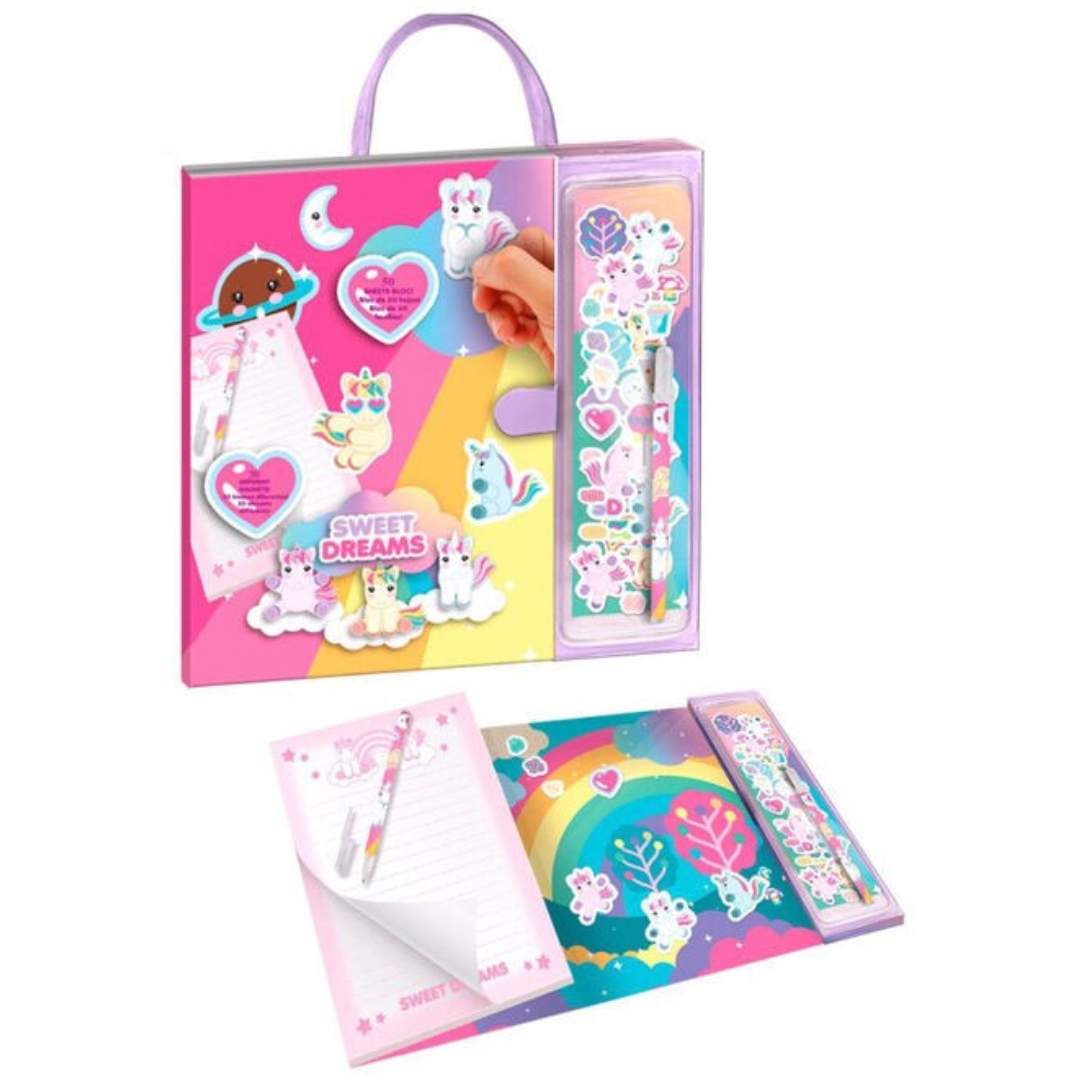 Conjunto de papelaria infantil com bloco, caneta e régua, design de unicórnios e cores vivas