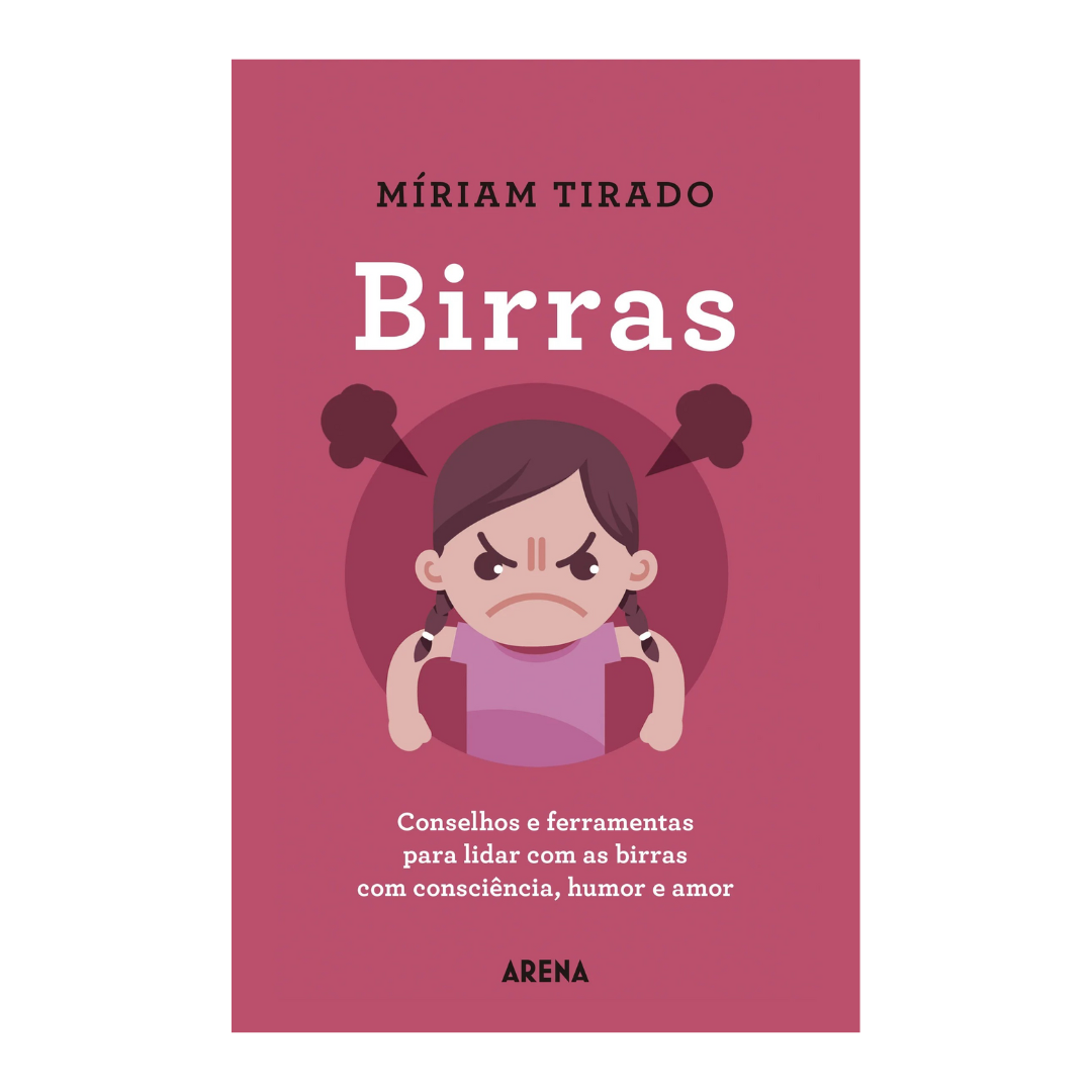 Capa de livro cor-de-rosa com título Birras e ilustração de criança zangada