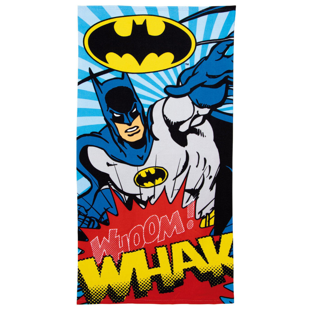 Toalha com estampa de Batman colorida e texto WHOOM WHACK