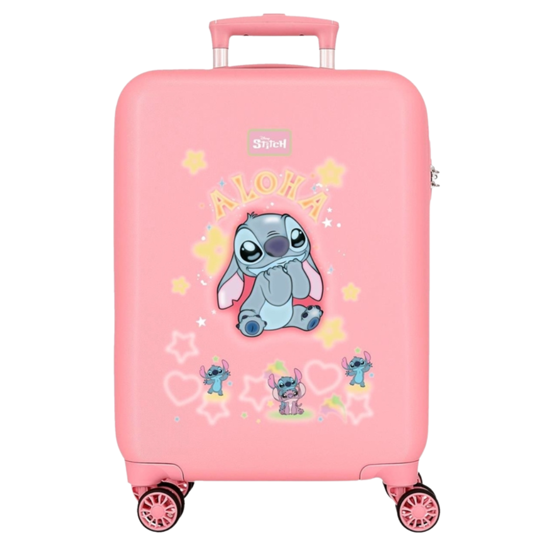 Mala de viagem rígida rosa com padrão do Stitch e texto ALOHA