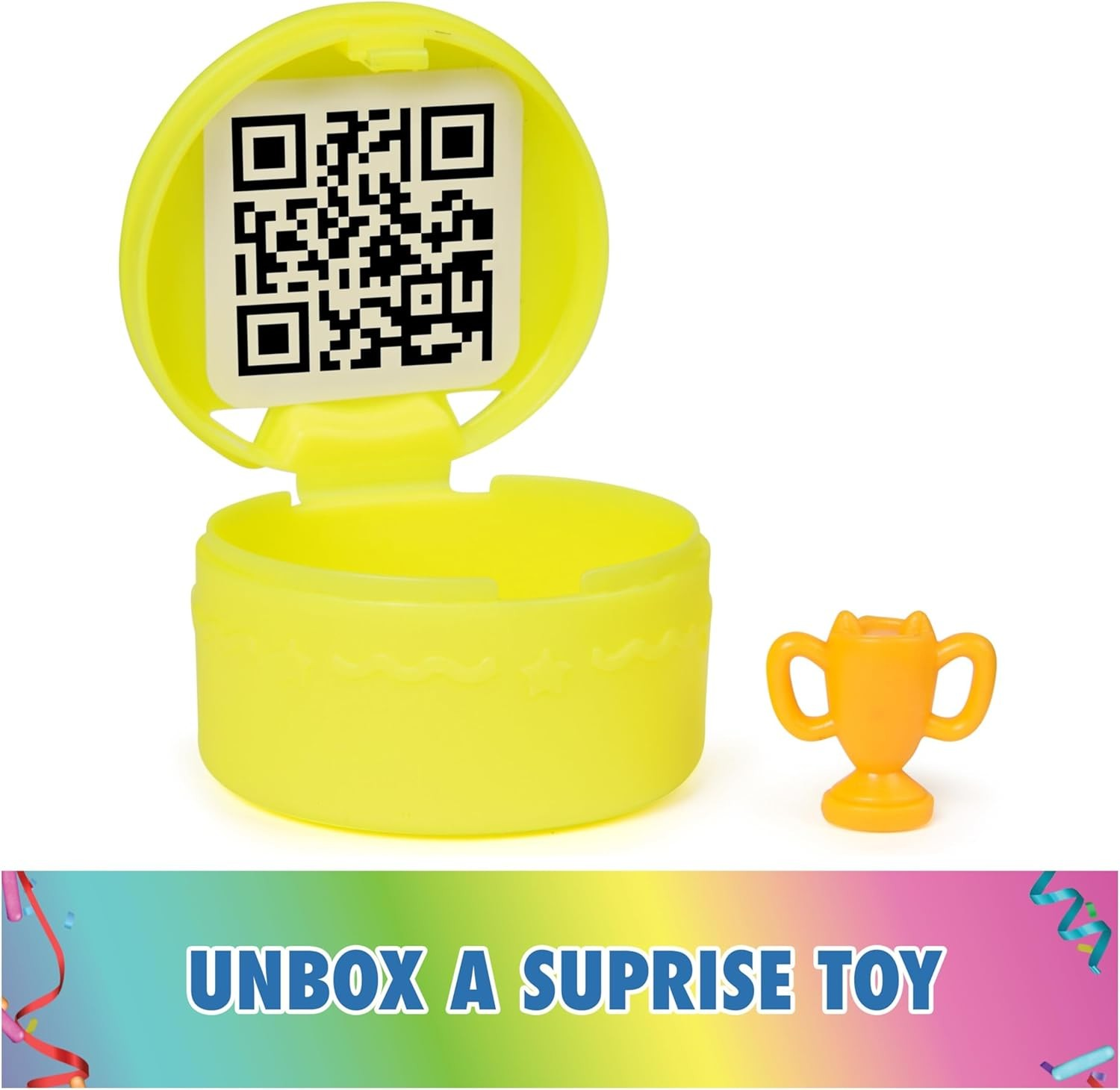 Caixa amarela redonda de plástico com código QR aberto e troféu de brinquedo laranja
