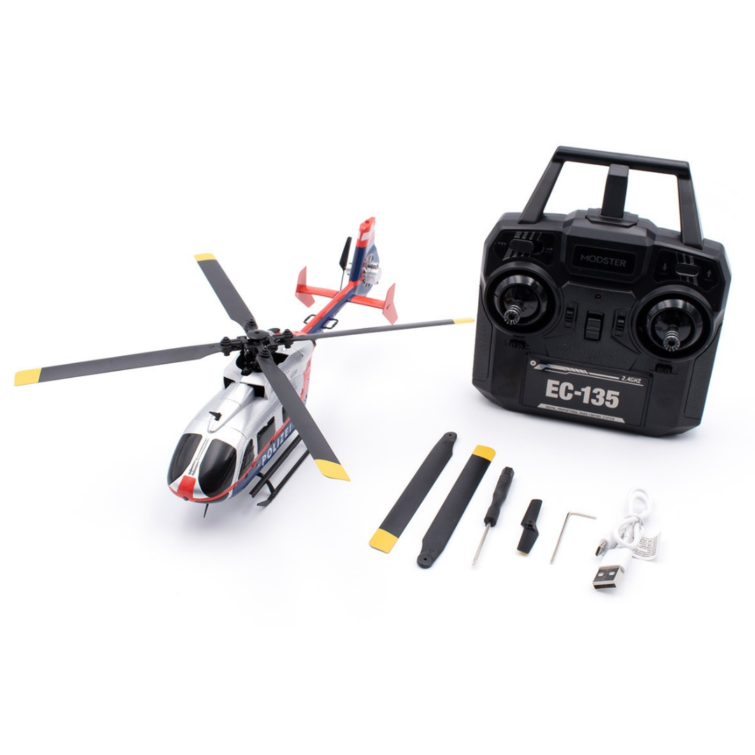 Helicóptero de brinquedo com controle remoto e acessórios sobre fundo branco