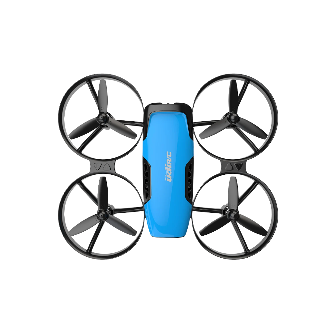 Drone azul e preto com quatro hélices circulares