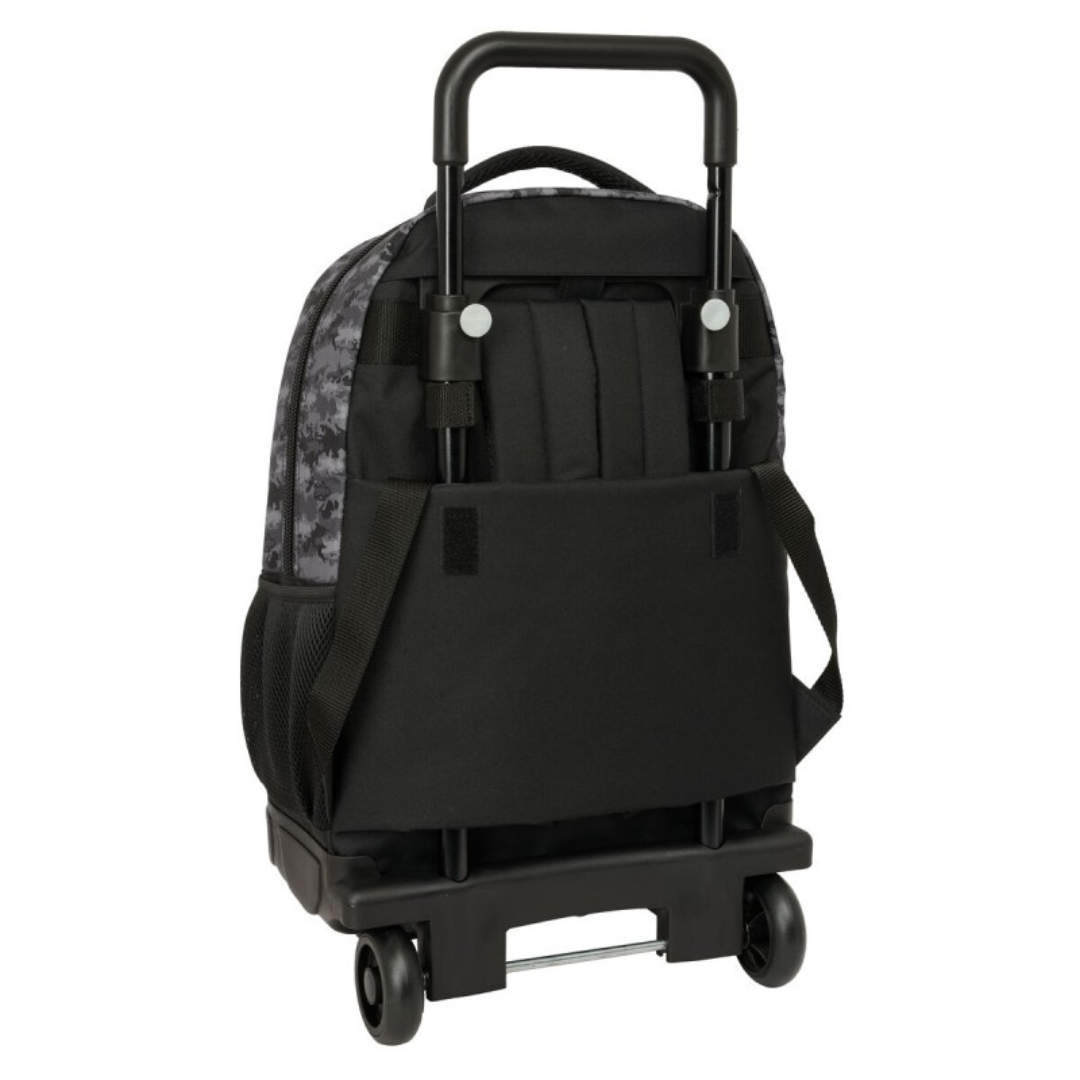 Mochila preta com carrinho e alça telescópica vista de trás