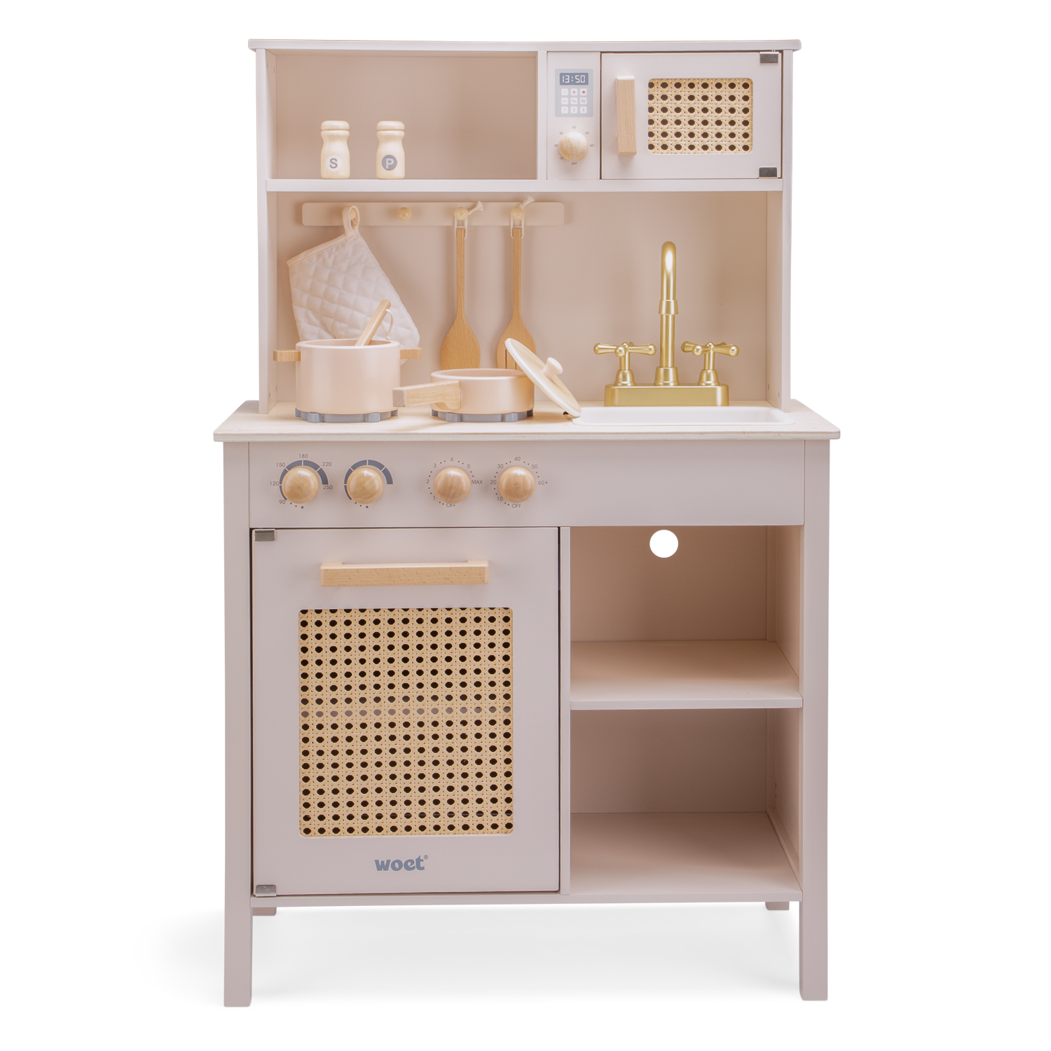 Cozinha de brincar de madeira bege com rattan e torneira dourada