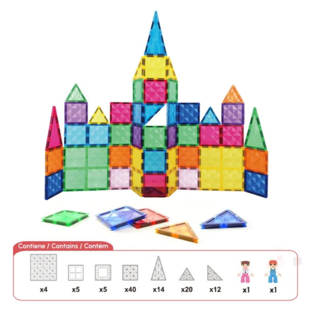 Peças magnéticas coloridas formando castelo com gráfico de contagem das peças