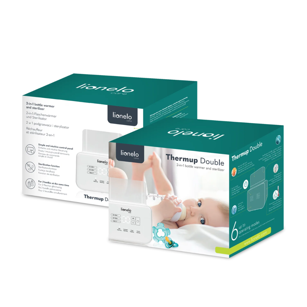 Embalagens do termocongelador e esterilizador Lionelo Thermup Double com imagem de bebé a mamar e painel digital do produto
