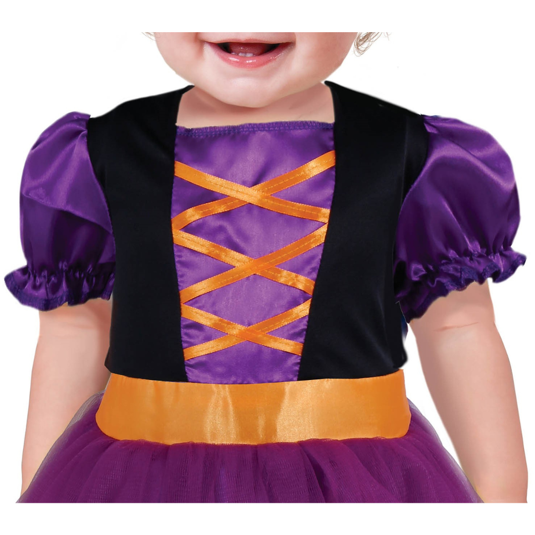 Vestido infantil roxo com detalhes pretos e laranja