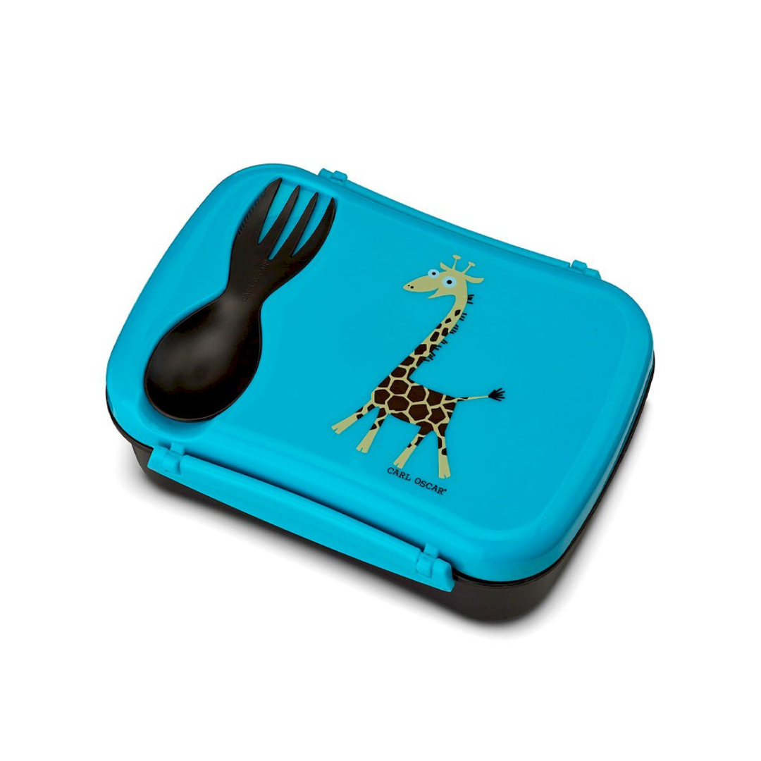 Caixa para alimentos azul com ilustração de girafa e garfo-colher preto
