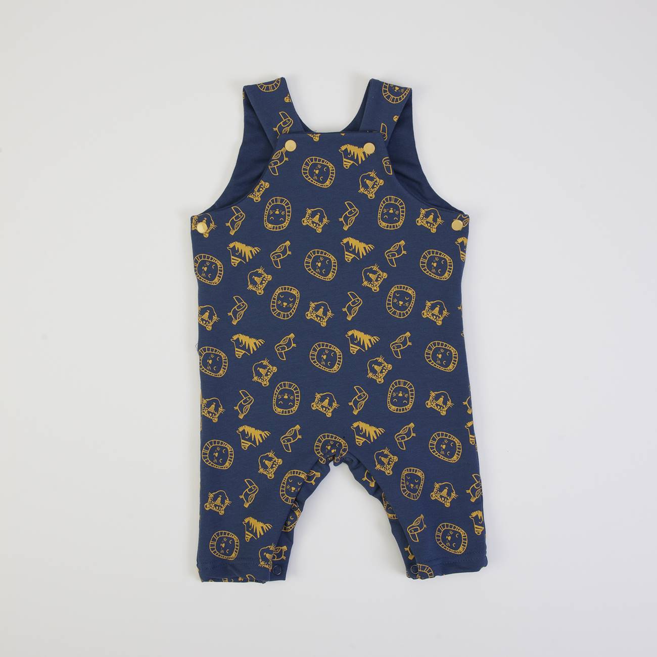 macacão de bebé azul escuro com padrão amarelo de animais