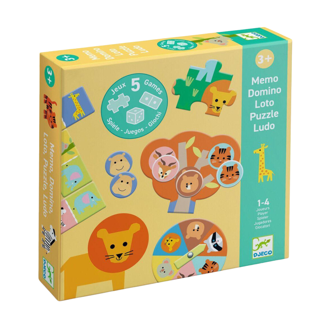 Caixa de jogo infantil Djeco com 5 jogos e ilustrações de animais em fundo amarelo e verde.