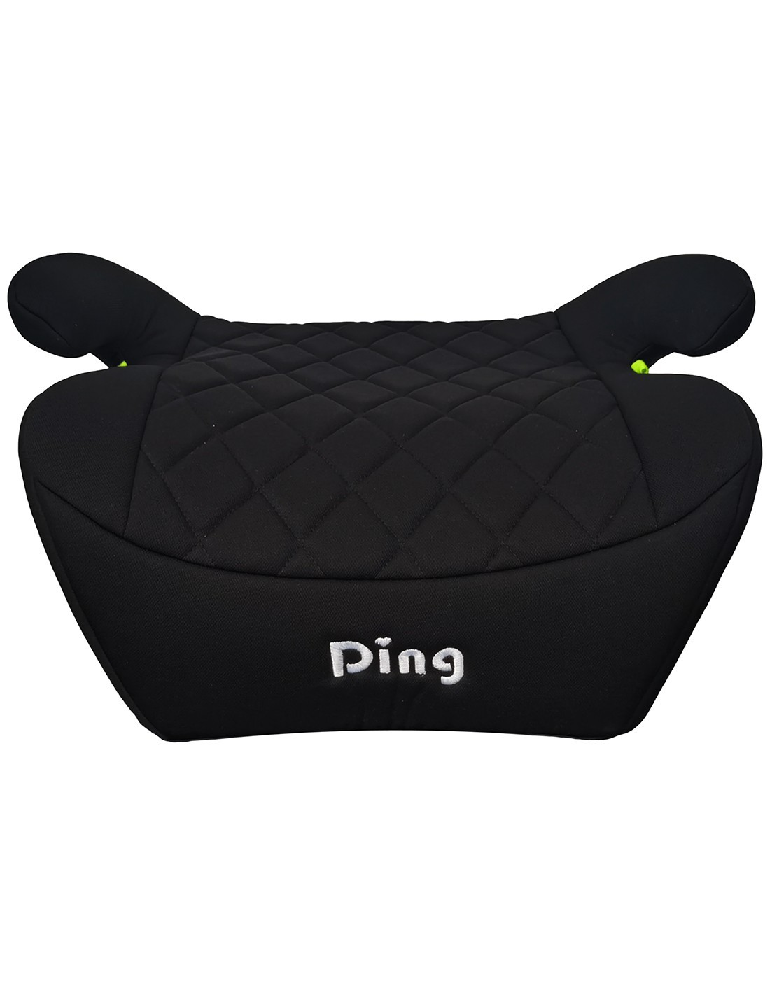 Assento elevatório infantil preto com textura acolchoada e texto 'Ping'