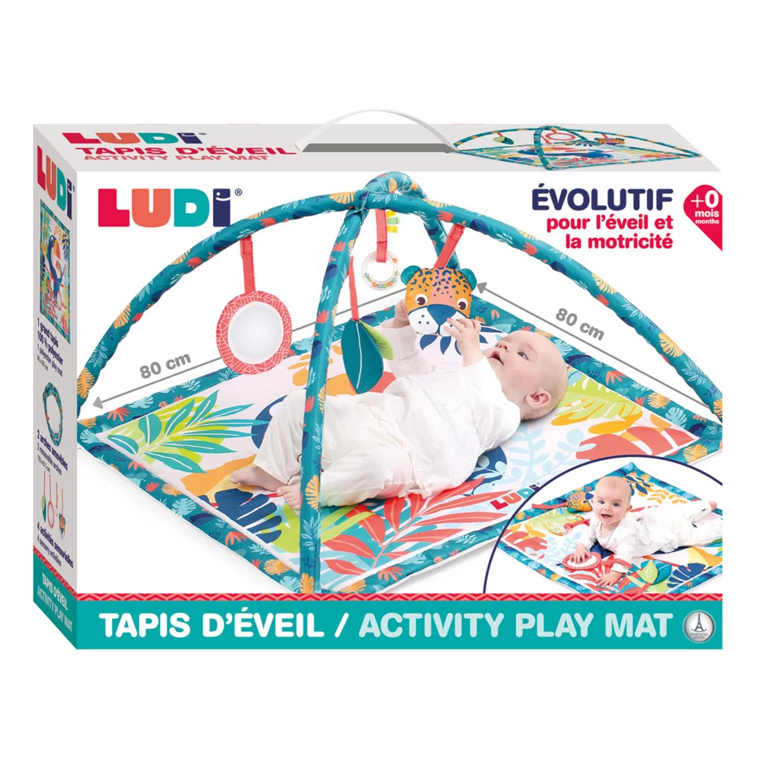 Tapete de atividades colorido para bebés com brinquedos pendurados da marca LUDI.