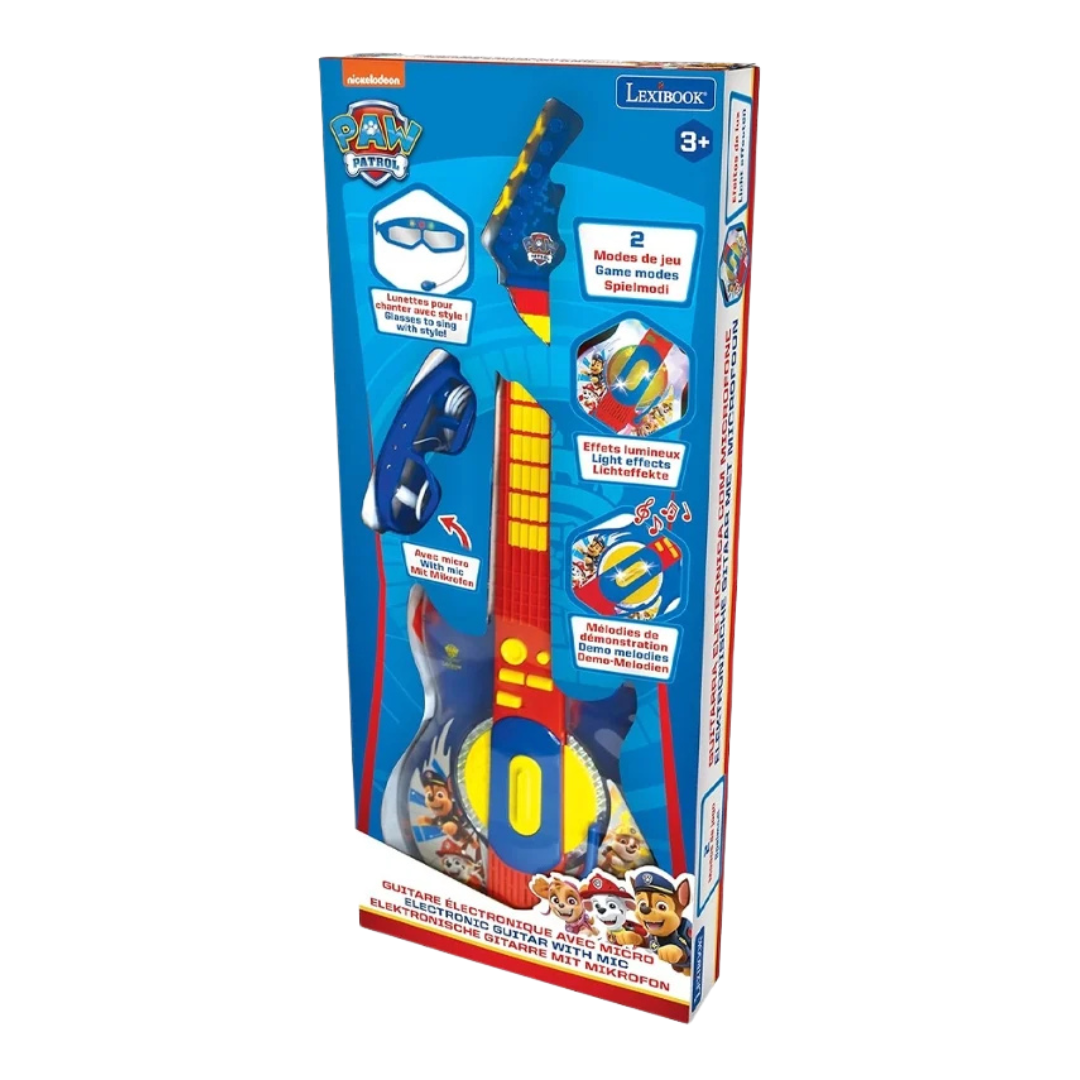 Guitarra eletrónica infantil Paw Patrol com microfone e óculos na embalagem azul