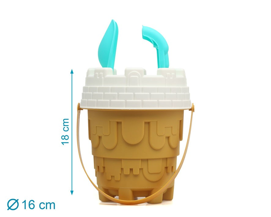 balde castelo com pá e ancinho azuis