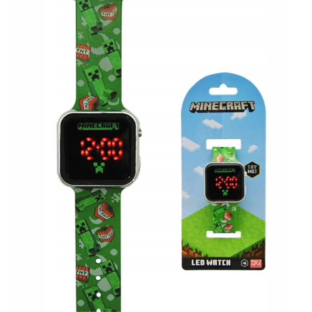 Relógio digital LED Minecraft com bracelete verde e personagens e embalagem azul