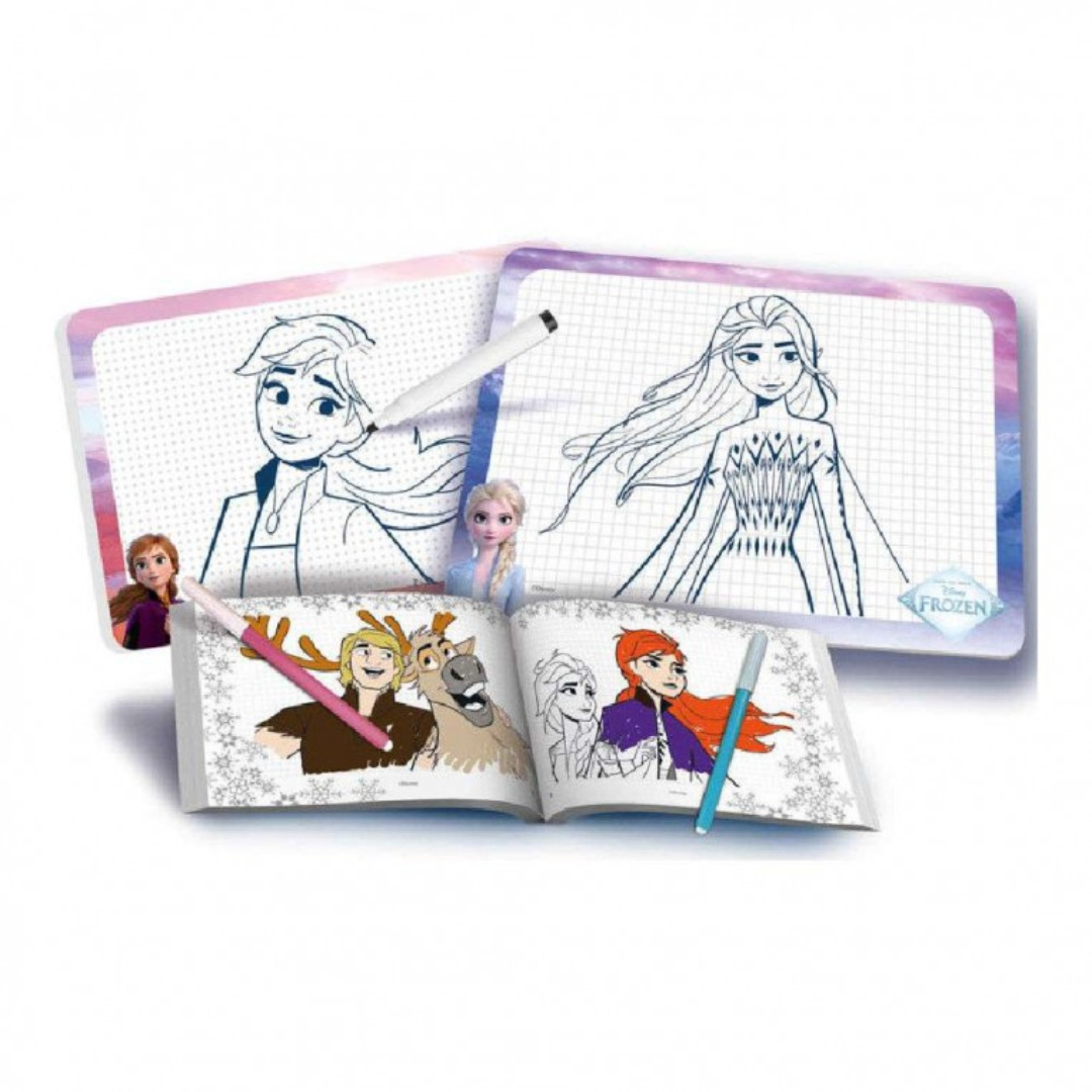 Livro para colorir e quadros com personagens de Frozen e canetas