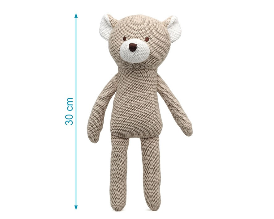 Urso de peluche malha bege com orelhas brancas e olhos bordados