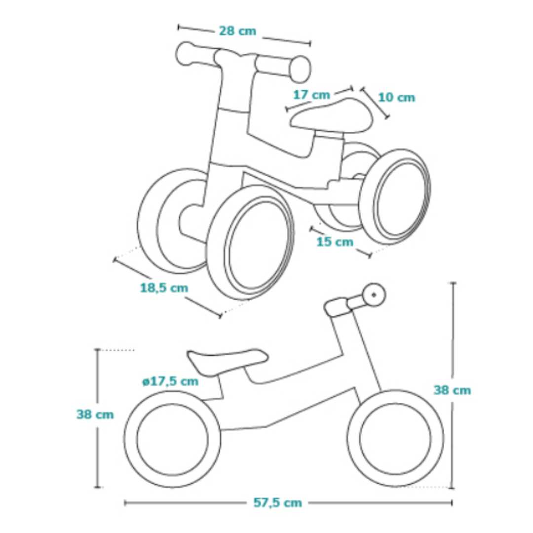 Desenho técnico a preto e branco com medidas de duas bicicletas infantis, um triciclo e uma bicicleta de duas rodas.