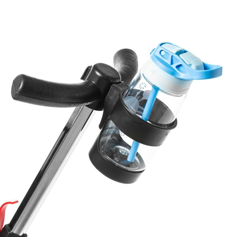 Suporte de garrafa transparente com tampa azul montado em estrutura metálica preta