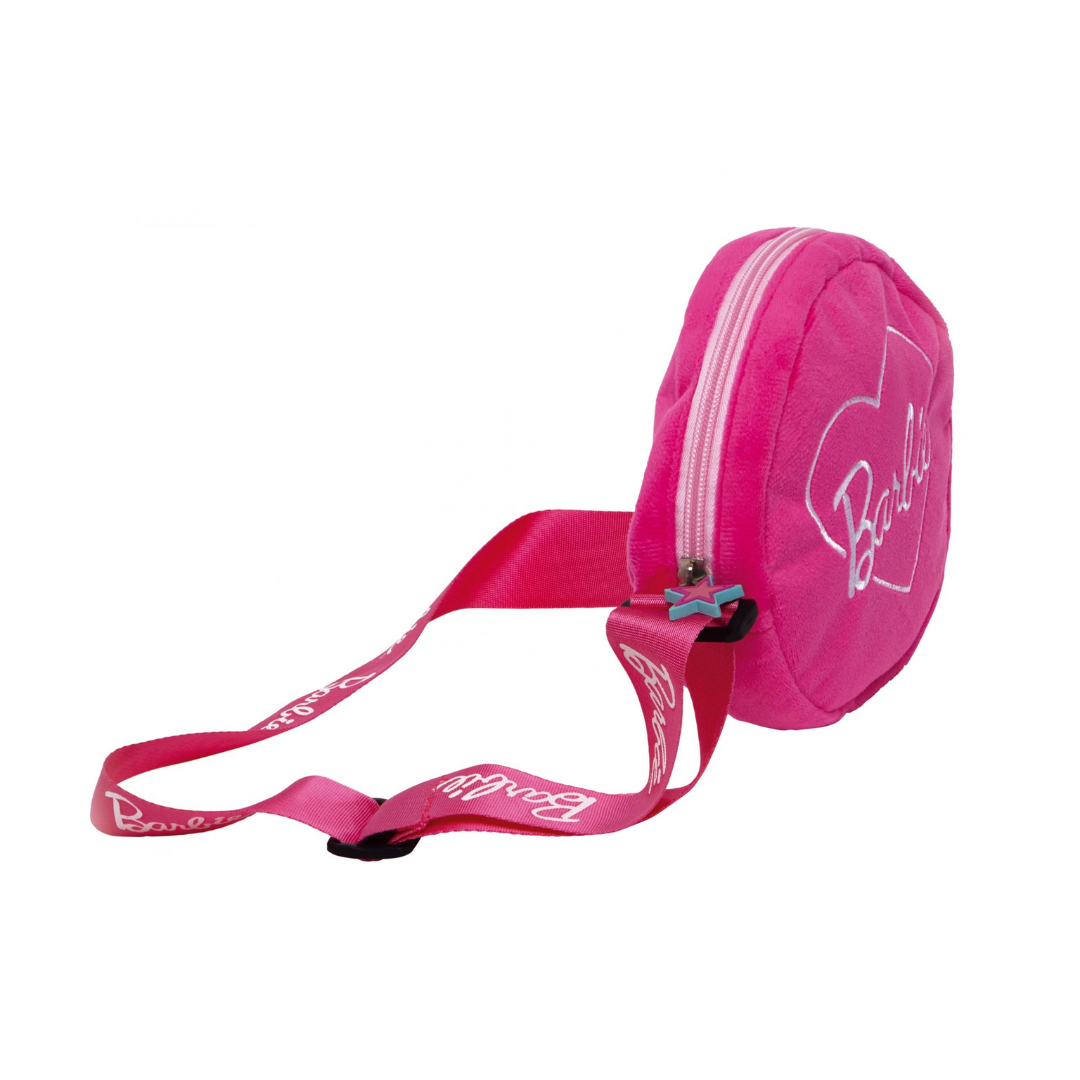 Bolsa redonda rosa com alça ajustável e fecho de correr, com texto Barbie