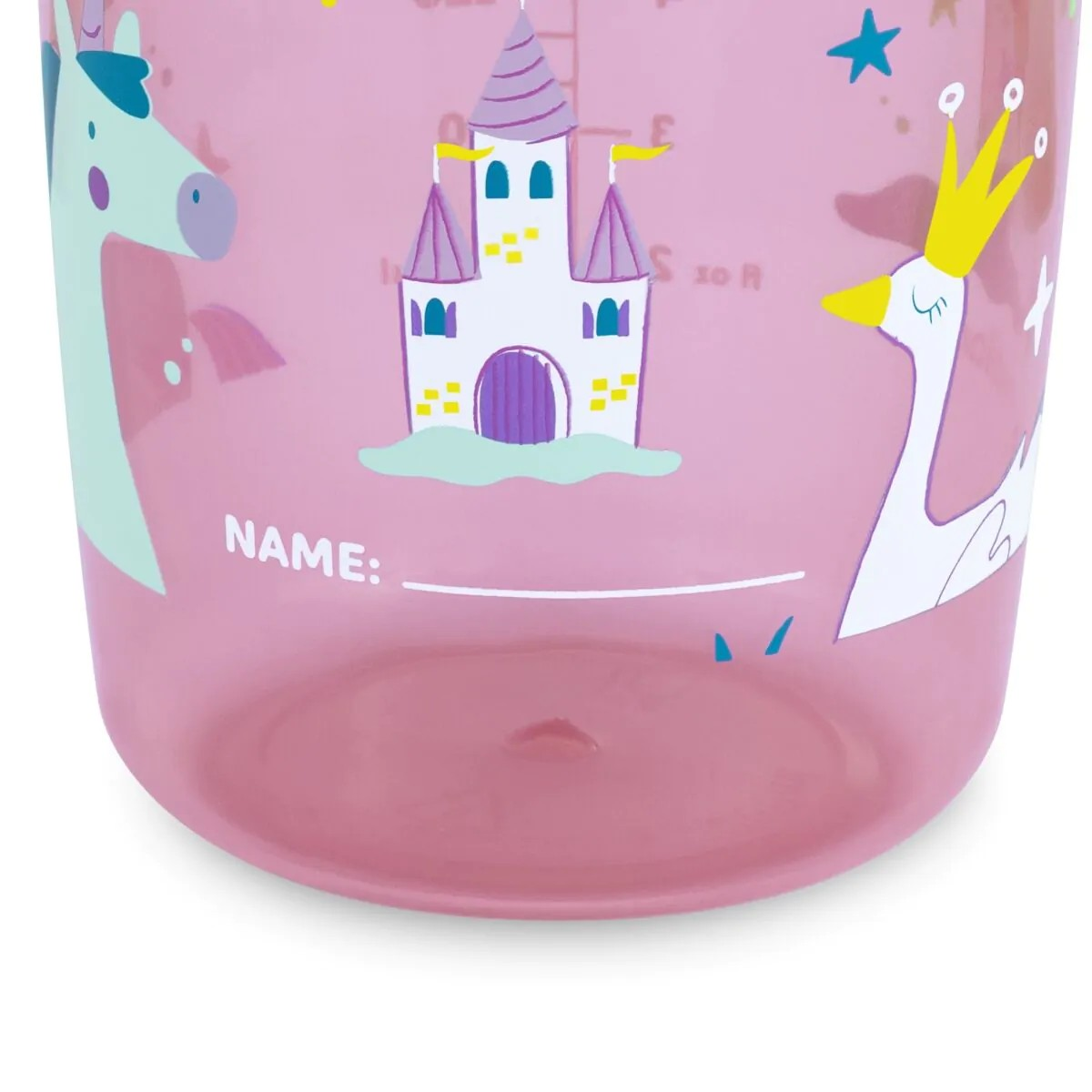 Garrafa plástica rosa com desenhos de castelo, unicórnio, cisne e espaço para nome