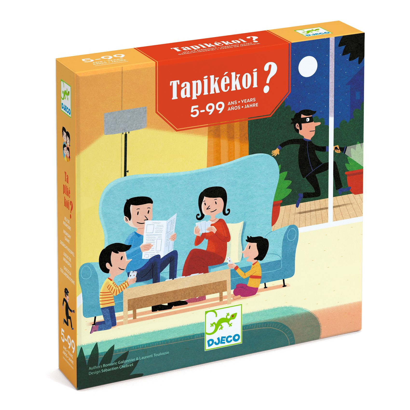Embalagem de jogo de memória Tapikékoi da marca DJECO com ilustração de família a jogar.