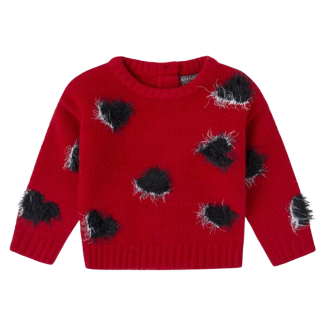 Camisola vermelha com manchas felpudas pretas e brancas